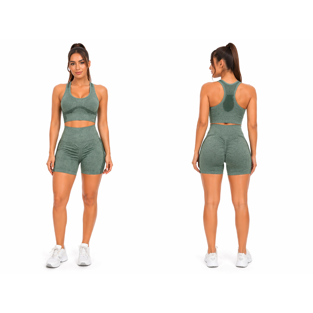 Conjunto Academia Feminino Fitness Cintura Alta Modelador Short + Top Treino Sem Transparência