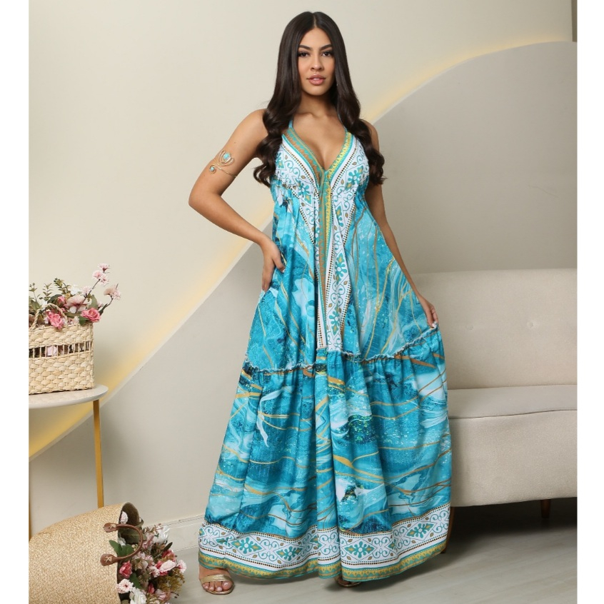 VESTIDO INDIANA VERÃO ESTAMPADO VARIAS CORES VISCOLINHO  LONGO ABERTURA NAS COSTAS ALSINHA CORTE V