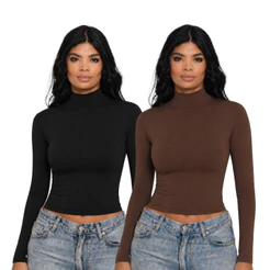 KIT 2 - Blusa Feminina Manga Longa Gola Alta Segunda Pele Básica Gola Estendida Justa Confortável Inverno
