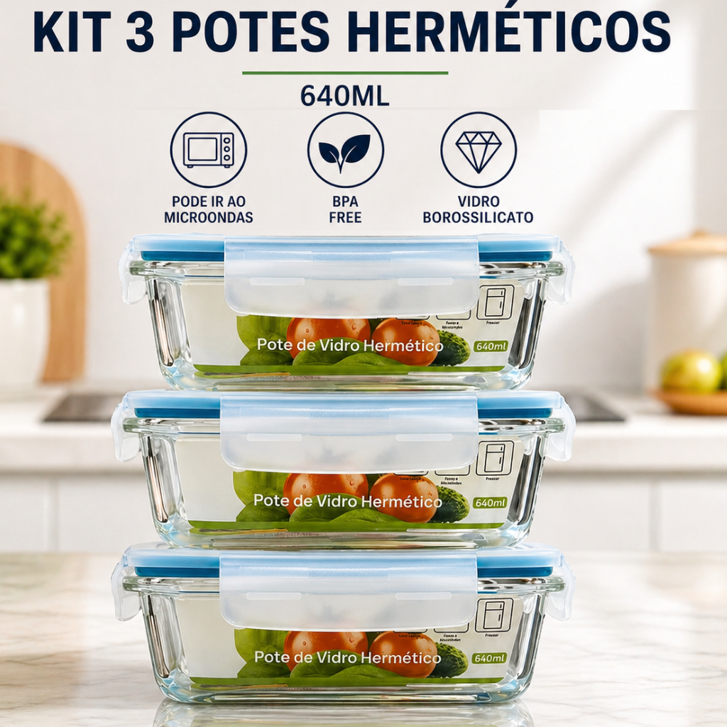 3 Potes Vidro Hermetico 640ml Marmita Armazenamento Mantimento Organizador Tampa 4 Travas alimentos