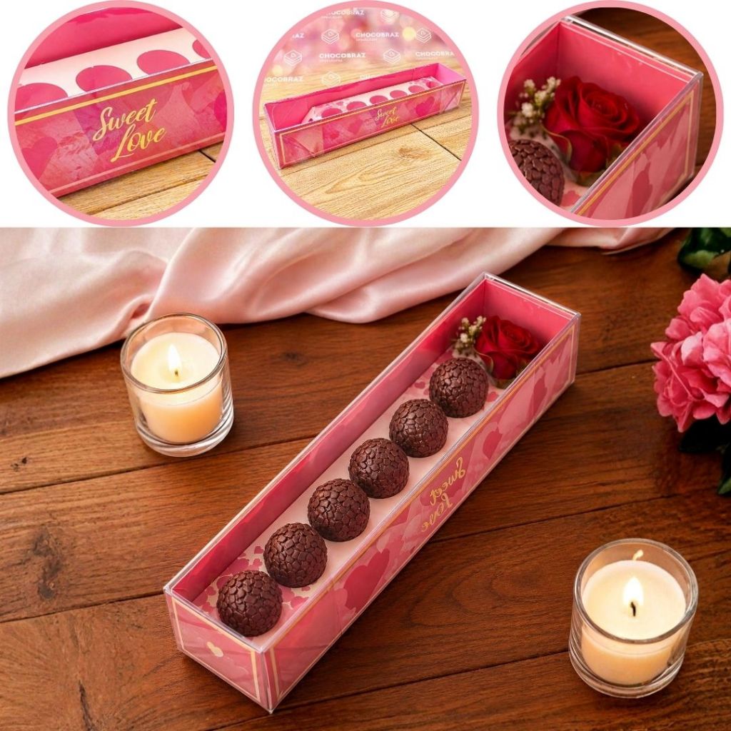 10 CAIXA TAMPA TRANSPARENTE FLOR + DOCES SWEET LOVE 6x32x7 cm 4900 ( DIA DOS NAMORADOS IDEIA 2026 ) OUTLET