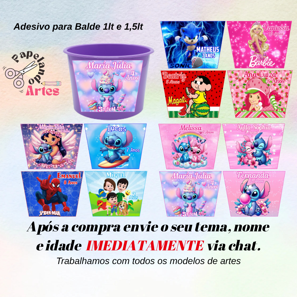 Adesivos para balde de Pipoca de 1Litro e 1,5 litros 13,8x10 S/RECORTE (Envio Rápido)Todos os temas