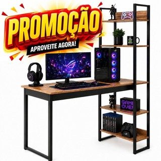 Mesa Gamer Home Office com Estante 5 Nichos Escritório Completa Moderna Industrial 3 Modelos