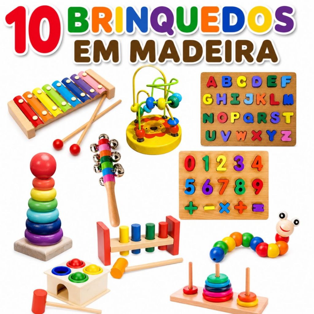 Kit 5 ou 10 Brinquedos Montessori de Madeira Torre de Encaixe Xilofone Sensorial Didático Alfabeto