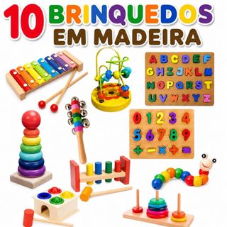 Kit 5 ou 10 Brinquedos Montessori de Madeira Torre de Encaixe Xilofone Sensorial Didático Alfabeto