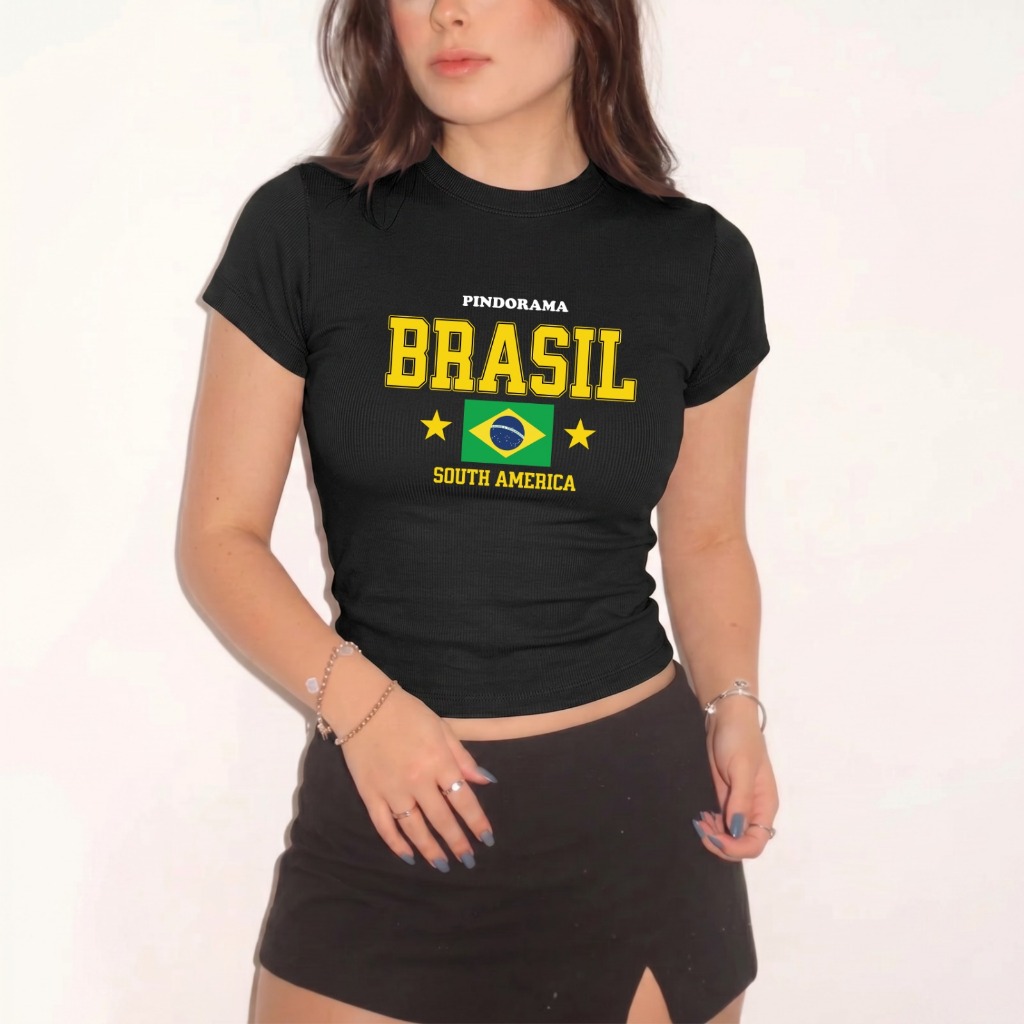 Baby Tee Feminina Copa Pindorama Brasil Hexa Futebol Copa do Mundo 2026