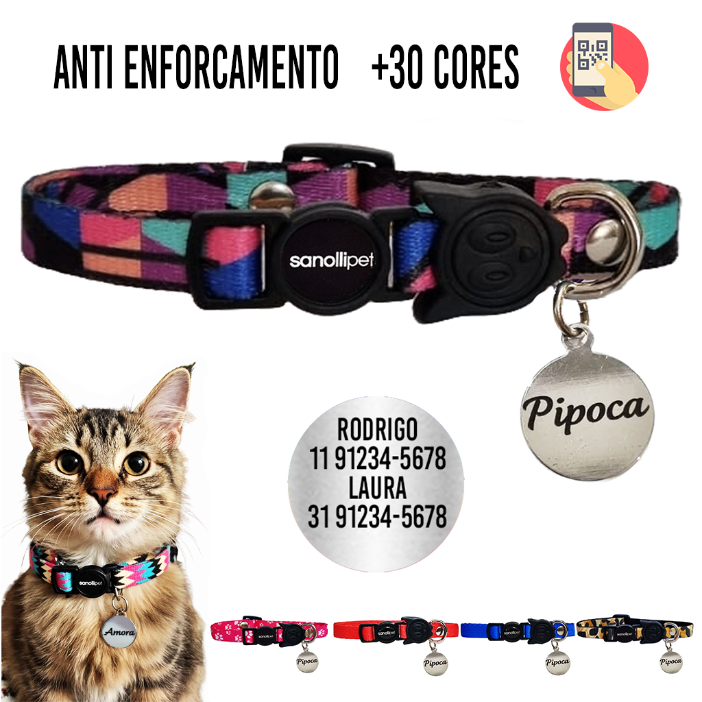 Coleira Gato Anti Enforcamento com Plaquinha Laser Nome Telefone Personalizada Reforçada Estampada