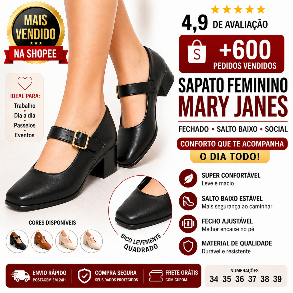 Sapato Feminino Mary Jane Salto Bloco Confortável Bico Quadrado Social Casual Elegante Dia a Dia Promoção