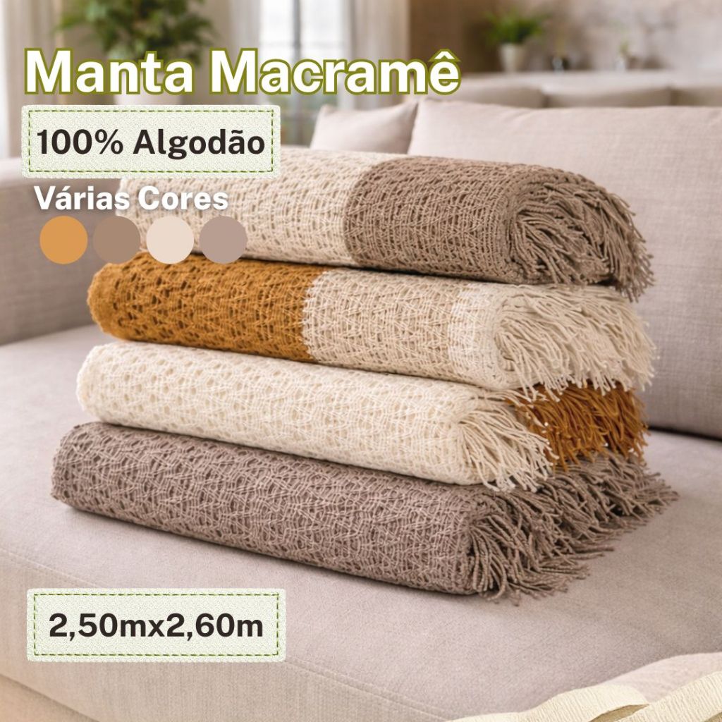 Manta Macramê Decorativa para Sofá Cruzada 100% Algodão 2,60m x 2,50m Várias Cores