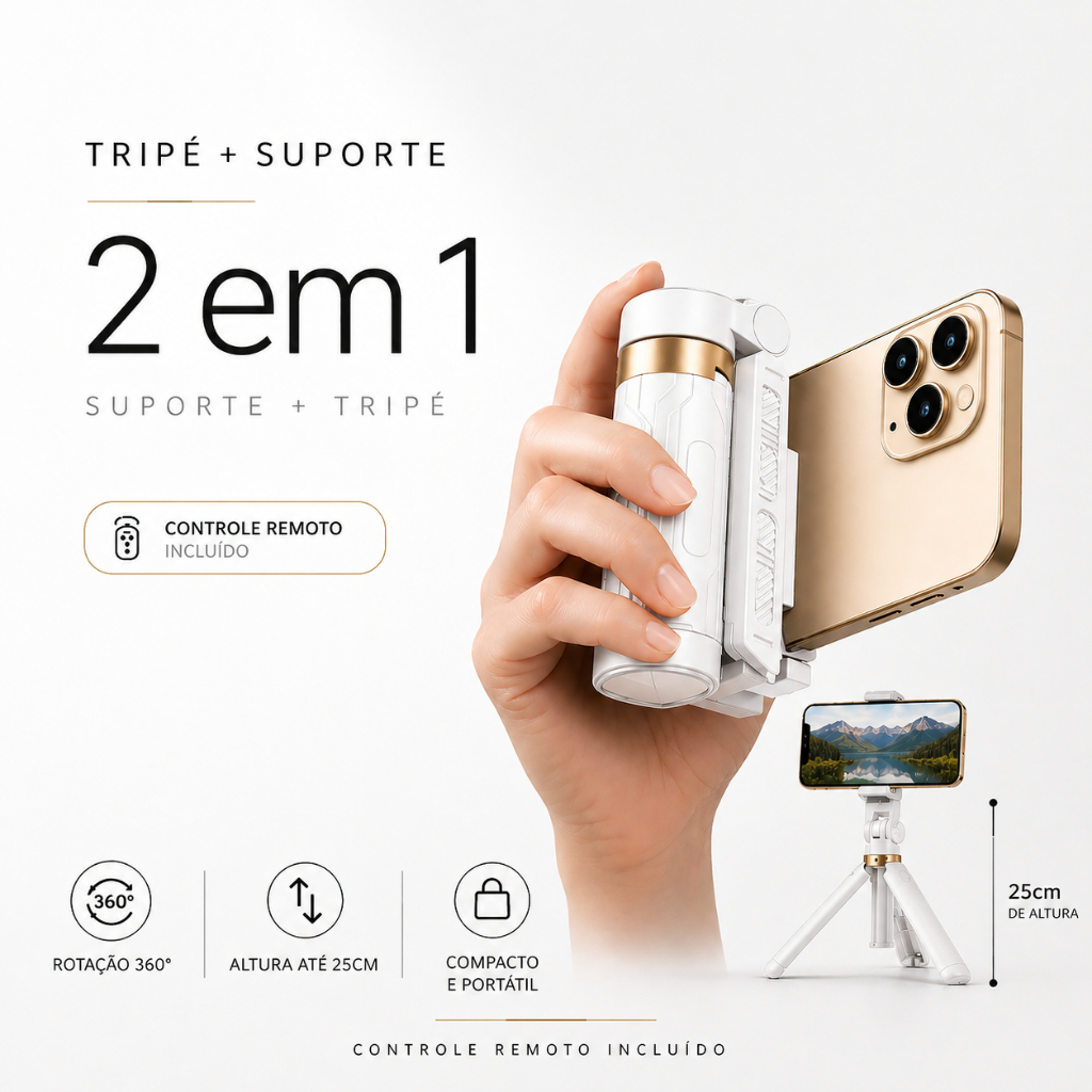 Suporte Celular com Tripé e Controle Remoto Ajustável Portátil 360° 4 funções em 1