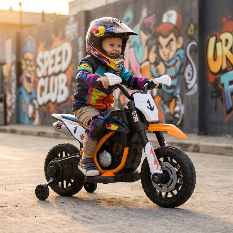 Moto Elétrica Infantil Laranja Off-Road com Rodinhas Estável Bateria Recarregável 30kg