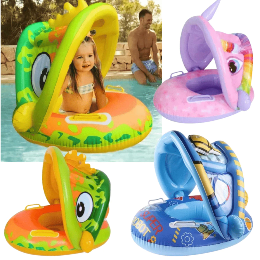 Bóia Inflável Bote Bebê Com Cobertura Proteção UV e Assento Infantil