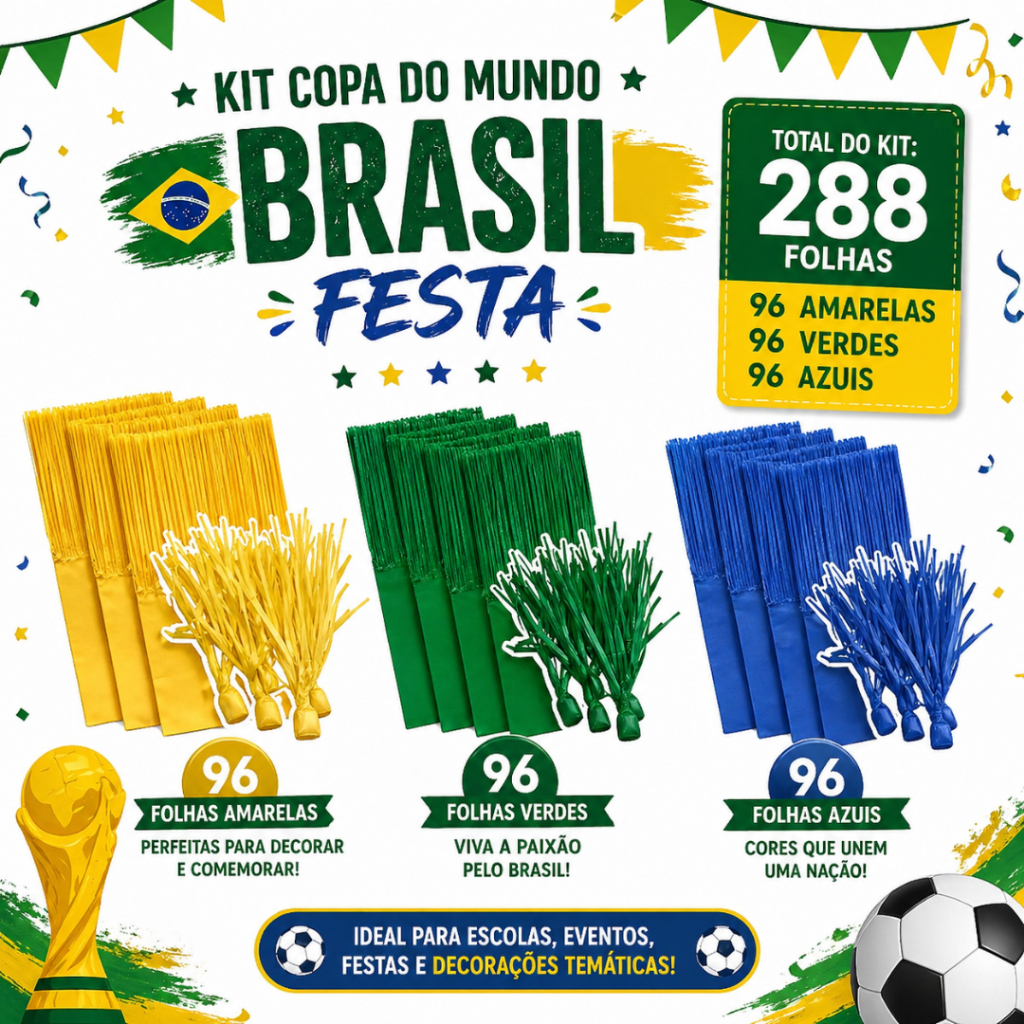 Kit Papel Bala de Coco Brasil Copa do Mundo 288 Folhas Verde Amarelo Azul 6 Pacotes Plac Festas