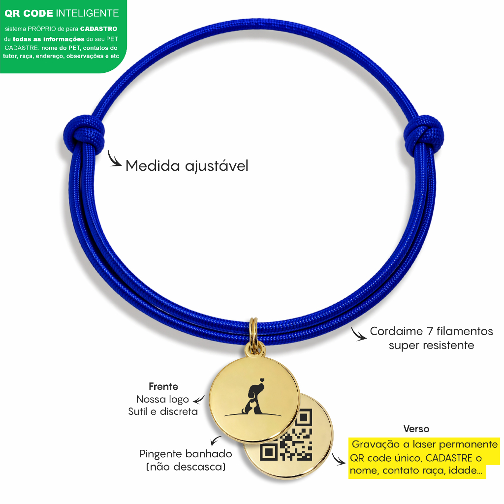 Coleira Com Placa de Identificação Pet Cachorro Gato Com QR Code Regulável e Confortável