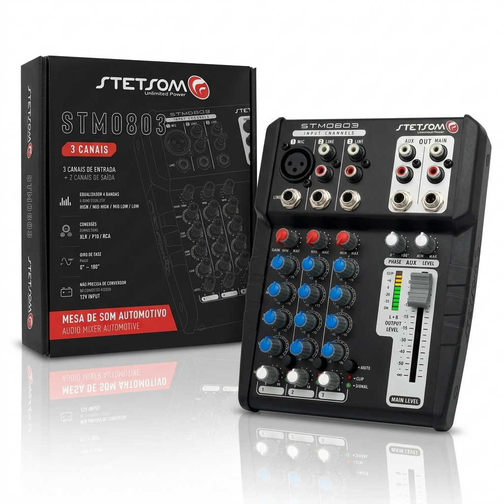 Mesa De Som Automotiva Stetsom STM0803 3 Canais 12v XLR P10 Caixa BOB