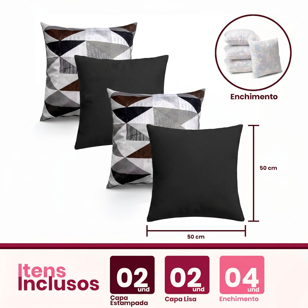 04 Almofadas Cheias Estampadas Modernas Decorativas 50x50 Lançamento Novidade Com Refil Floco Espuma