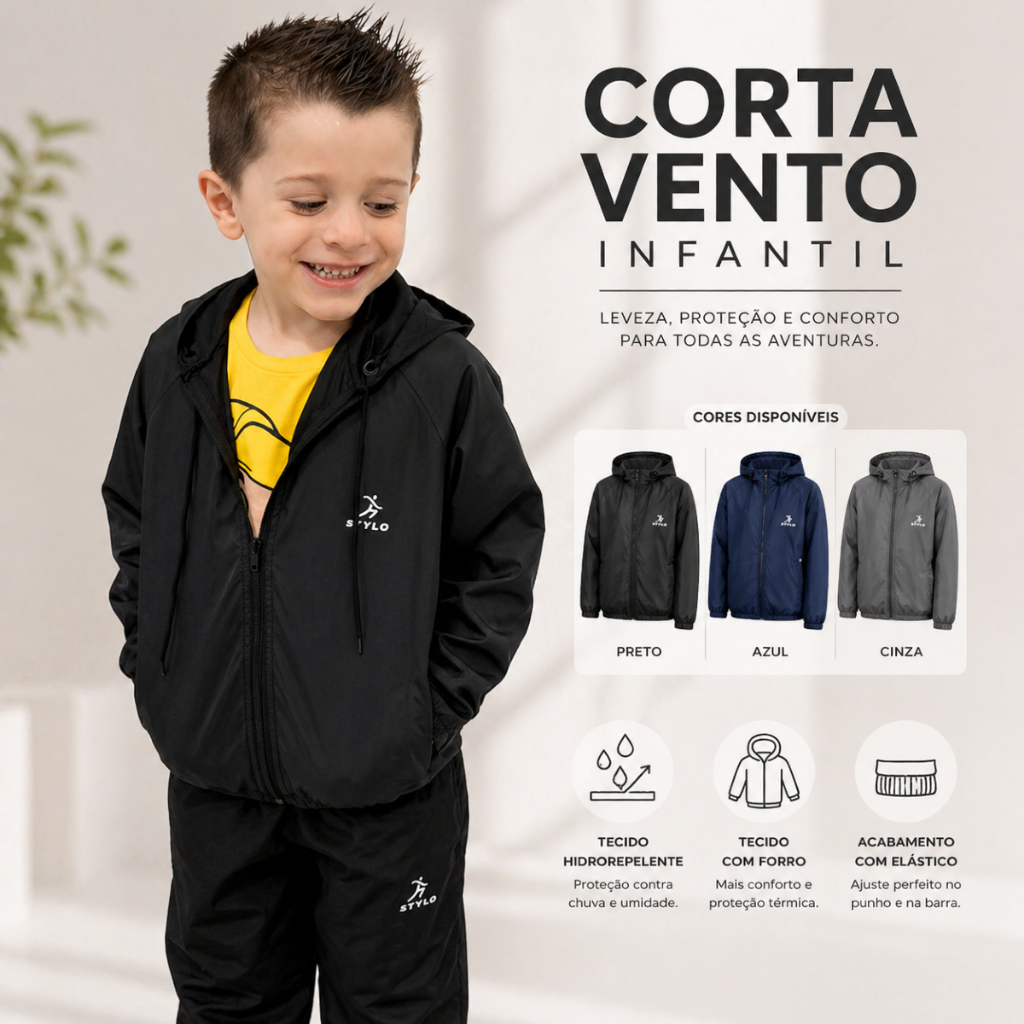 Jaqueta Corta-Vento Infantil Unissex Forrada Quente Inverno Hidro-repelente 2 ao 10