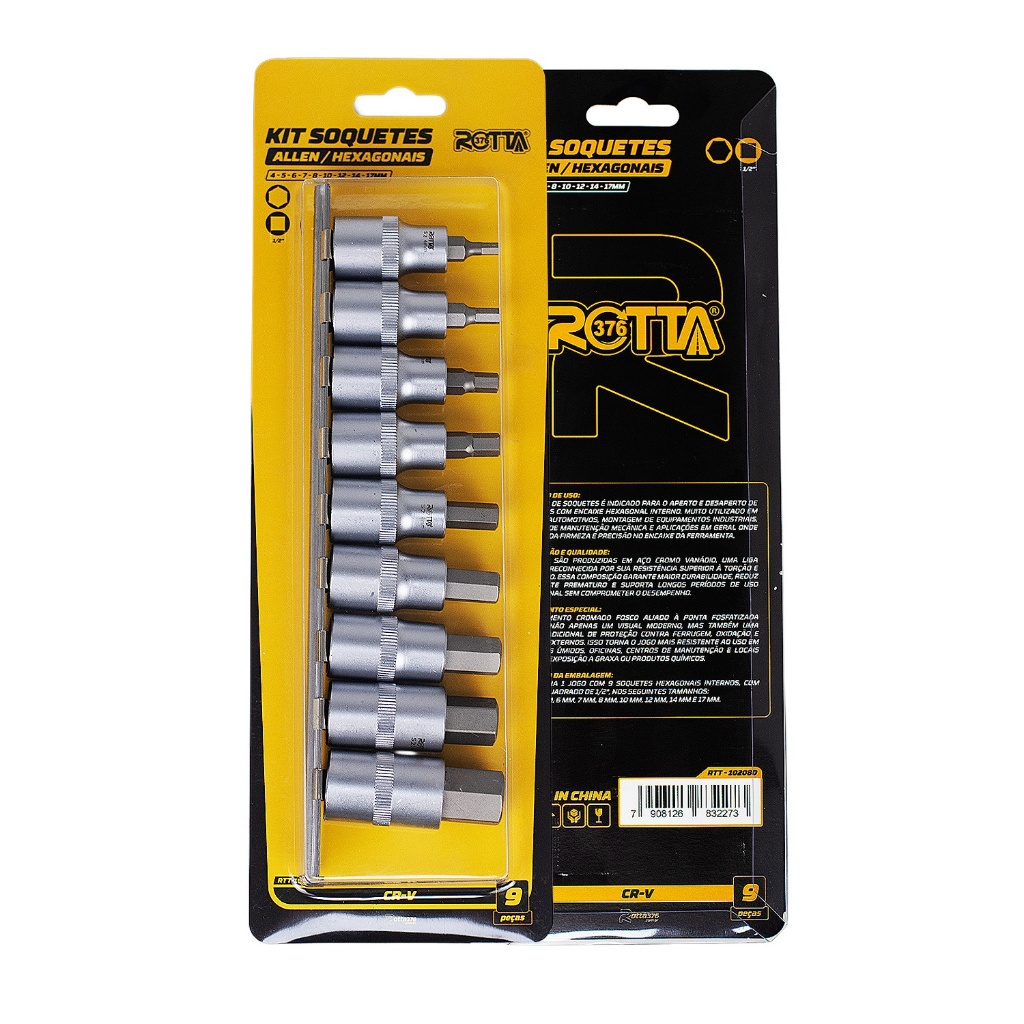 Jogo Soquetes Allen 1/2 Chave 9 Peças 4 A 17mm Profissional Aço Rotta376