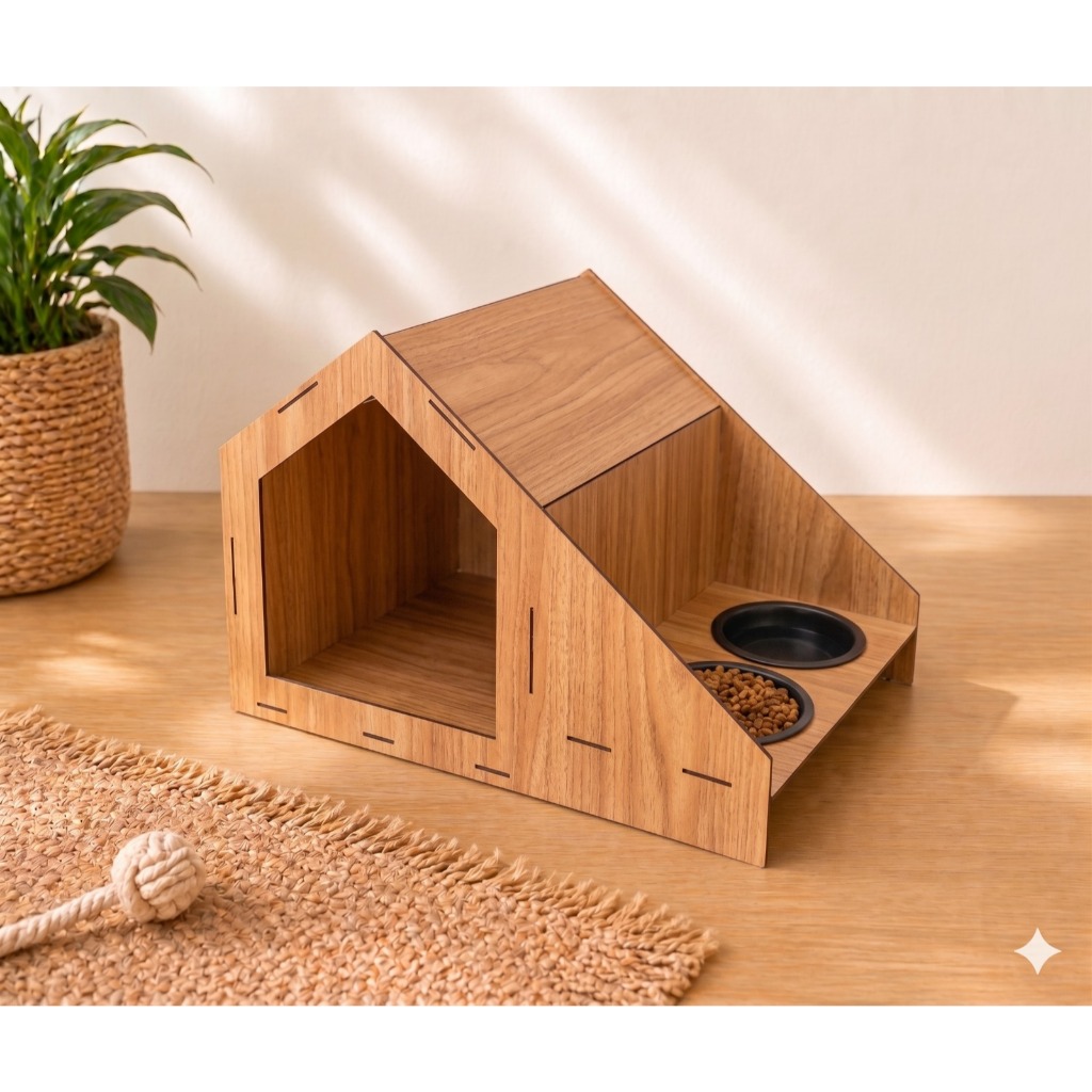 Casinha Pet Com Comedouro Duplo Elevado Para Cães e Gato Design Minimalista Em Madeira
