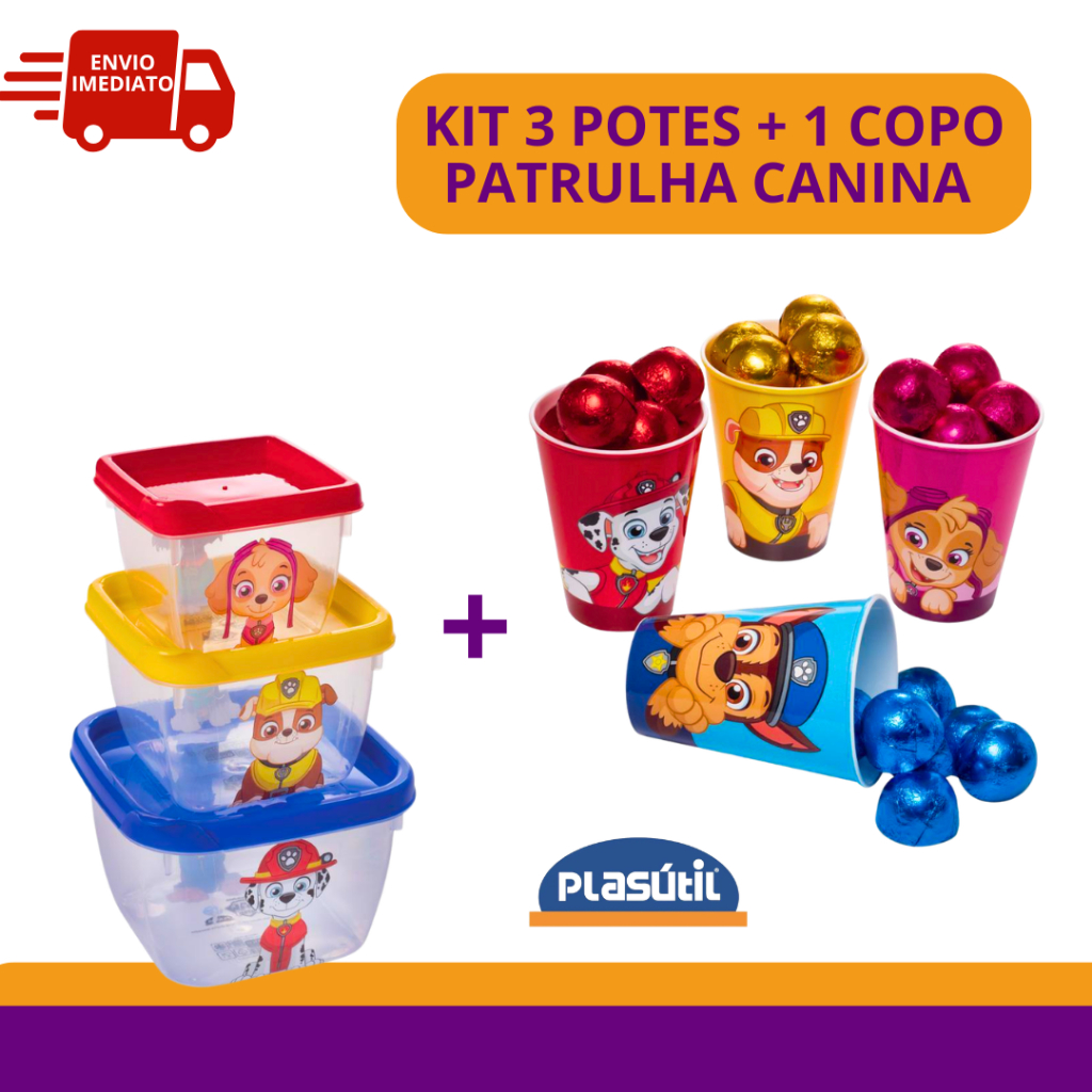 Kit Patrulha Canina Trio de Potes + Copinho 280ml Infantil Chase Skye Plasútil Lancheira Escolar