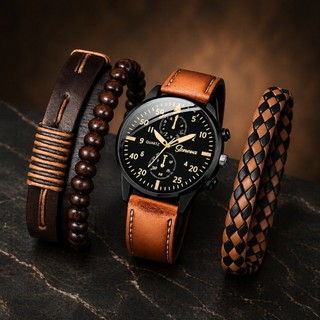RELÓGIO MASCULINO, PRESENTE MASCULINO KIT RELÓGIO E PULSEIRAS MARRONS - Elegance Men Brown