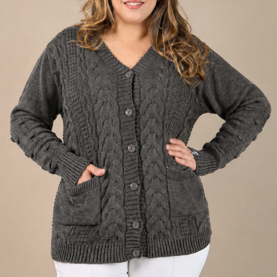 Casaco Feminino Plus Size Lã Premium Inverno Tricot com Bolsos e Fechamento em Botão 20356