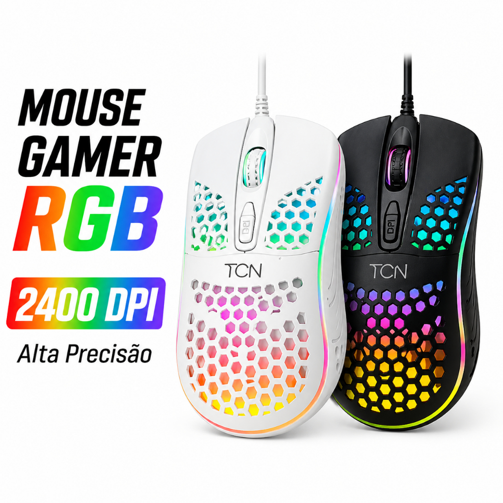 Mouse Gamer RGB TCN 2400 DPI USB LED Óptico 4 Botões Ergonômico PC Notebook Branco/Preto
