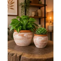 Kit 2 vasos de Ceramica/barro pintados , modernos para suculentas e plantas pequenas - Pote 11 e 6