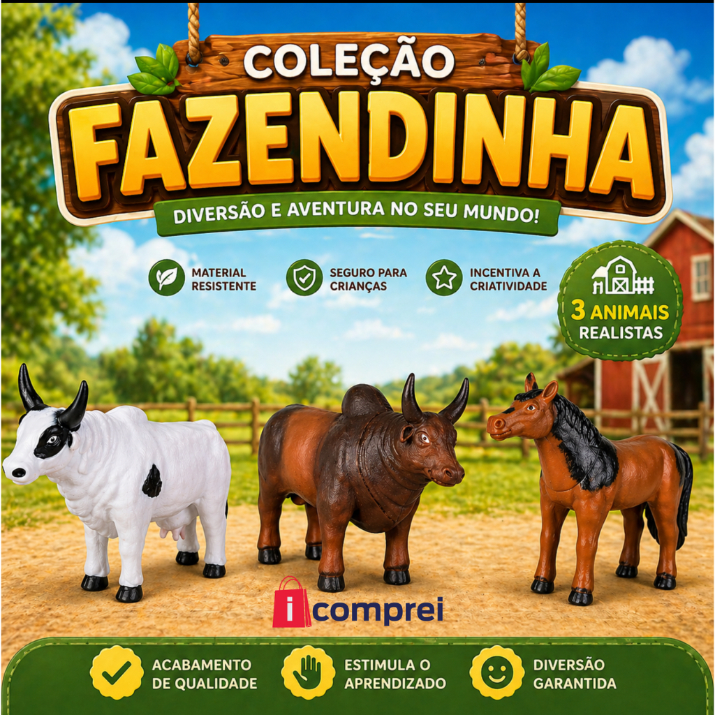 Kit Farm Touro + Vaca + Cavalo Animais Da Fazenda Fazendinha Em Vinil Macio Brinquedos Infatil