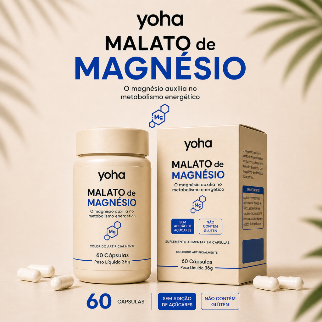 Malato de Magnésio Yoha 60 Cápsulas Alta Absorção Suporte ao Metabolismo e Funçã