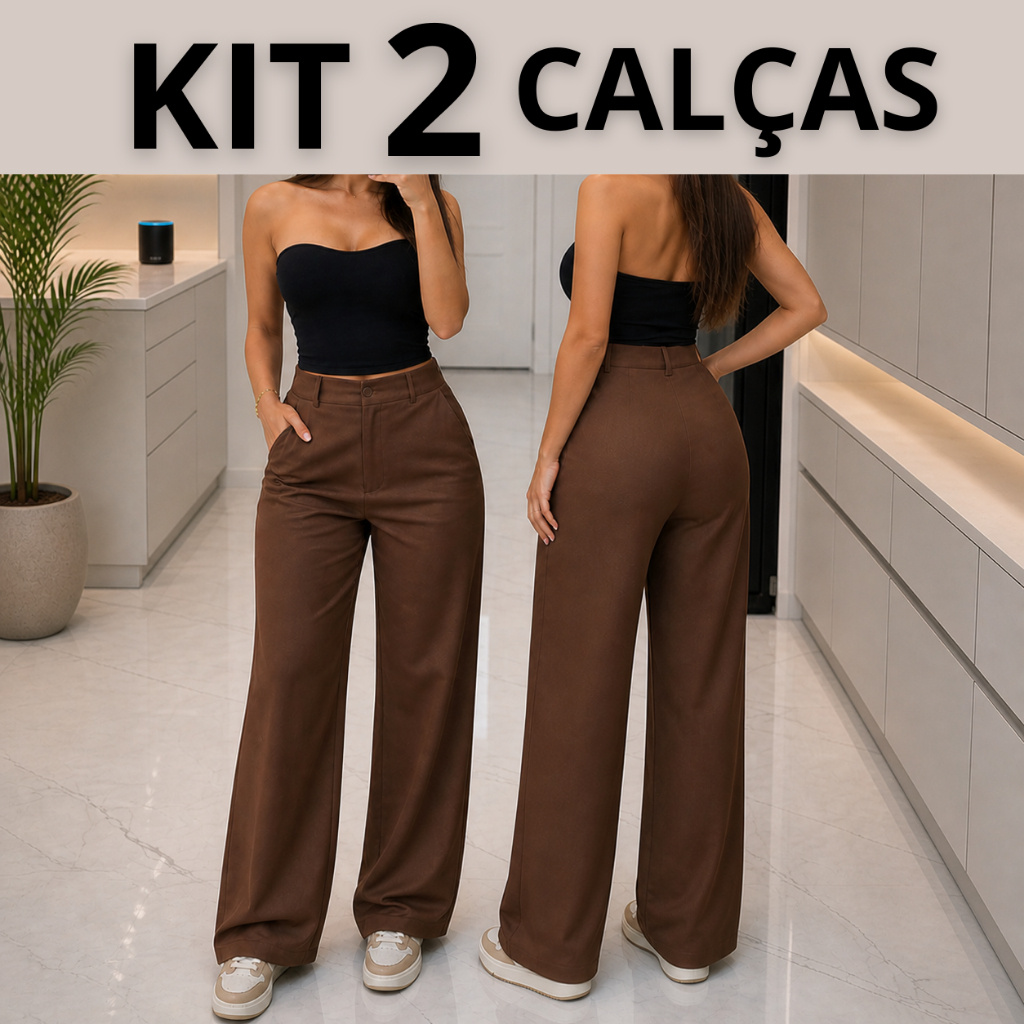 Kit 2 Calças Pantalona Alfaiataria Feminina Cintura Alta Bolso Lateral Botão Frontal Wide Leg