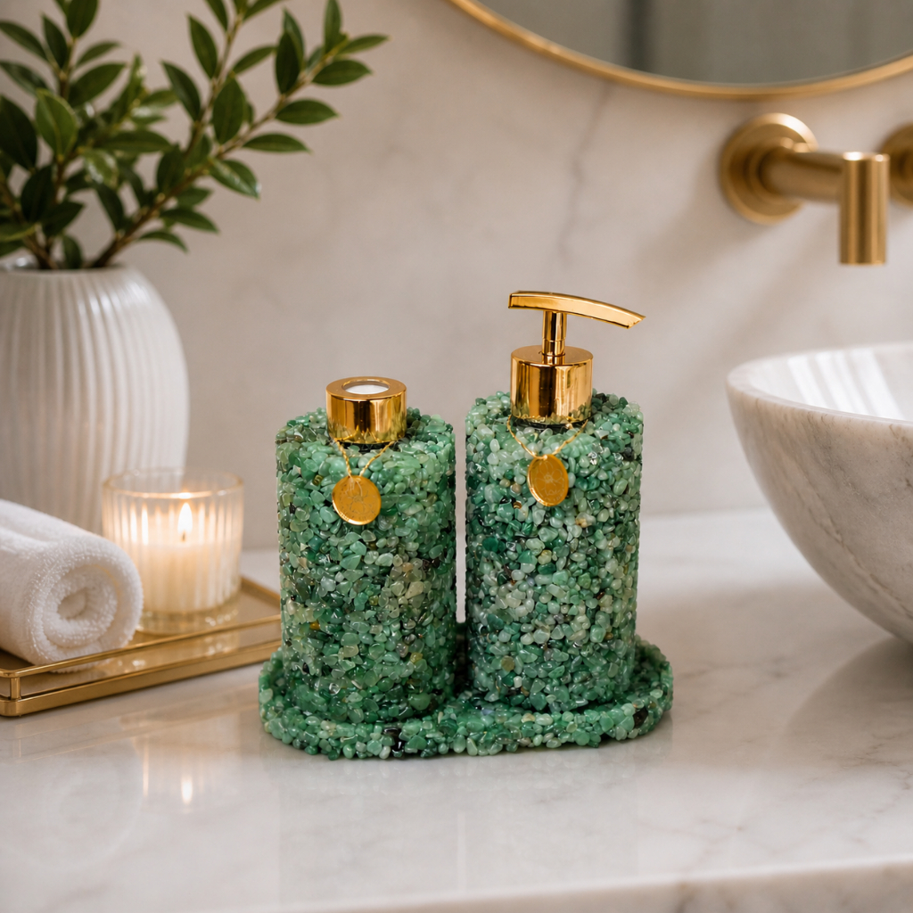 Kit Luxo em Quartzo Verde Difusor + Saboneteira | Sofisticação e Energia para seu Ambiente