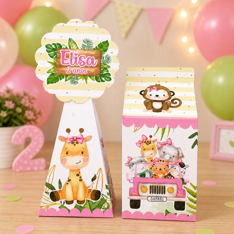 Kit Personalizado SAFARI BABY ROSA | Lembrancinhas Festa Infantil | Caixinhas | Aniversário