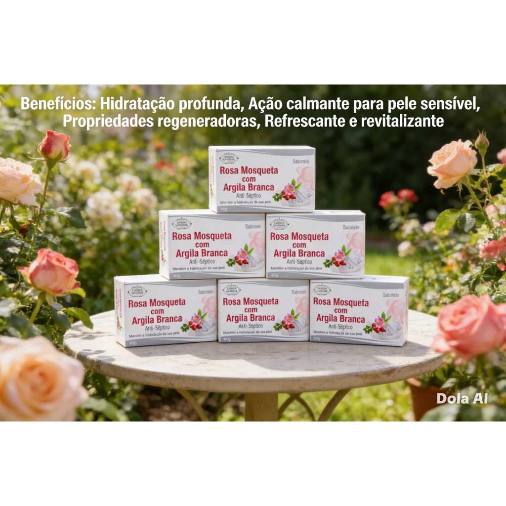 Kit com 06 sabonetes Rosa Mosqueta com Argila Branca Lianda Natural 90g