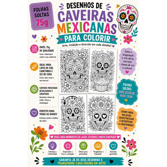 DESENHOS DE CAVEIRAS MEXICANAS para colorir - FOLHAS SOLTAS 75g a4