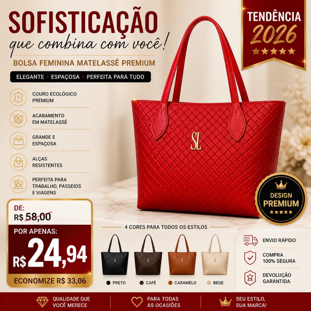 Bolsa Feminina Luxo Matelassê Couro Ecológico Grande Espaçosa Moda 2026 Ombro Shopper Elegante Trabalho Passeio