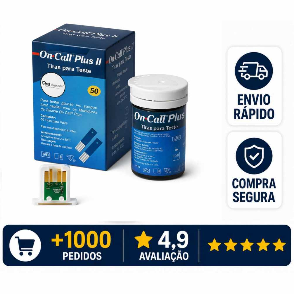 50 Tiras On Call Plus II com Chip Glicose Medir Glicemia Fita Teste Original