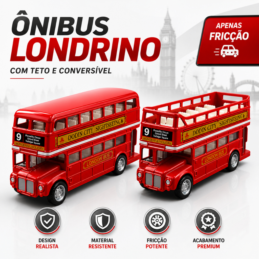 Miniatura Escala 1:32 Ferro Fundido Ônibus Londres Vermelho Dois Andares Metal Pneu Colecionável