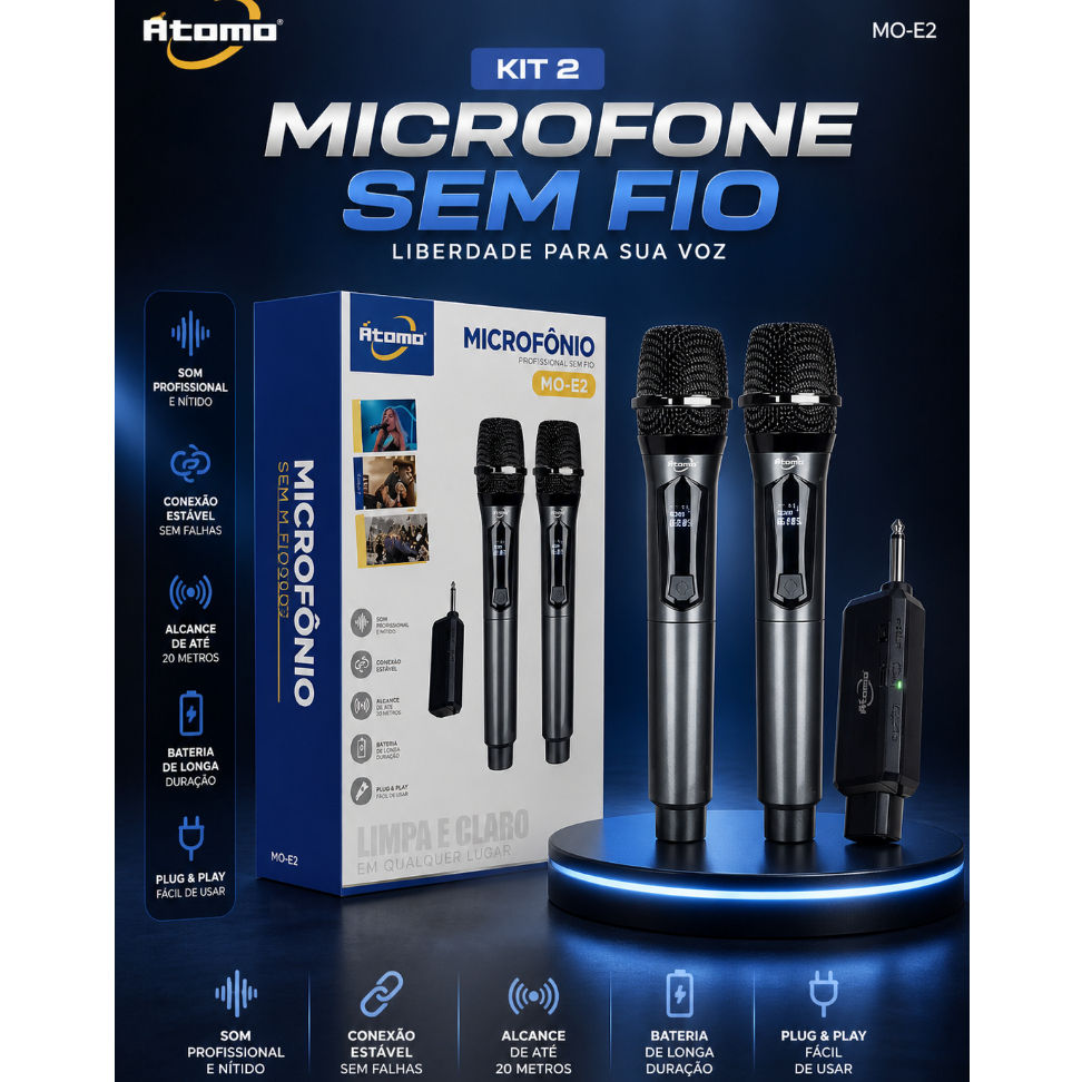 Kit 2 Microfone MO-E2 Dinâmico Sem Fio Profissional Recarregável UHF e Wireless Com Receptor