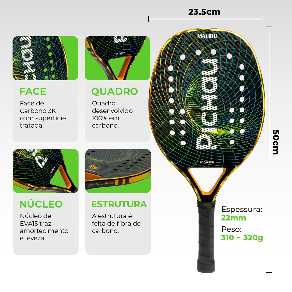 Raquete de Beach Tennis Pichau Malibu 3K Carbon 26 Furos, PES-RKT-MLB · foto 2