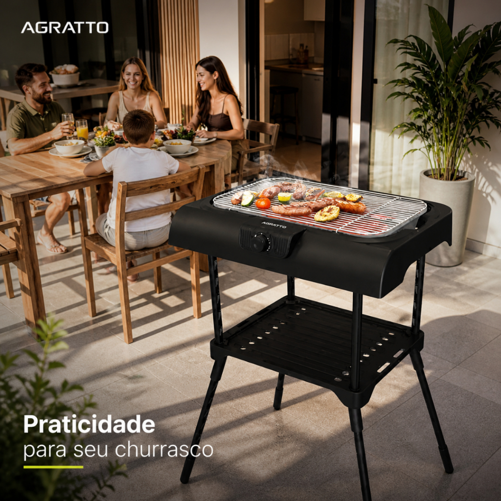 Churrasqueira elétrica portátil 2000W Steak Grill GOURMET PEDESTAL MR.CHEFF AGRATTO GRELHADOR PRETA 127V 220V SEM FUMAÇA