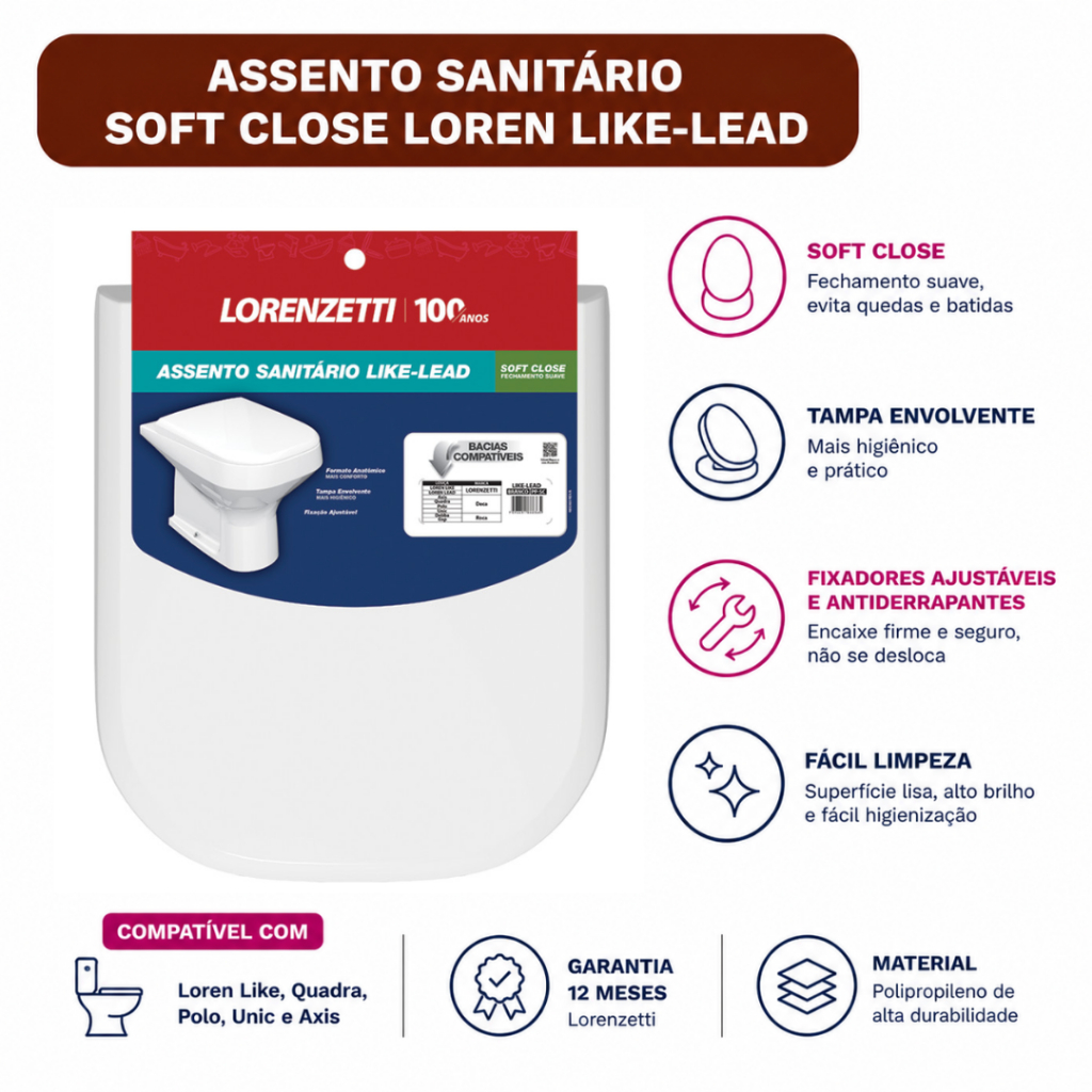 Assento Sanitário Soft Close Loren Like-Lead Branco Lorenzetti - Original