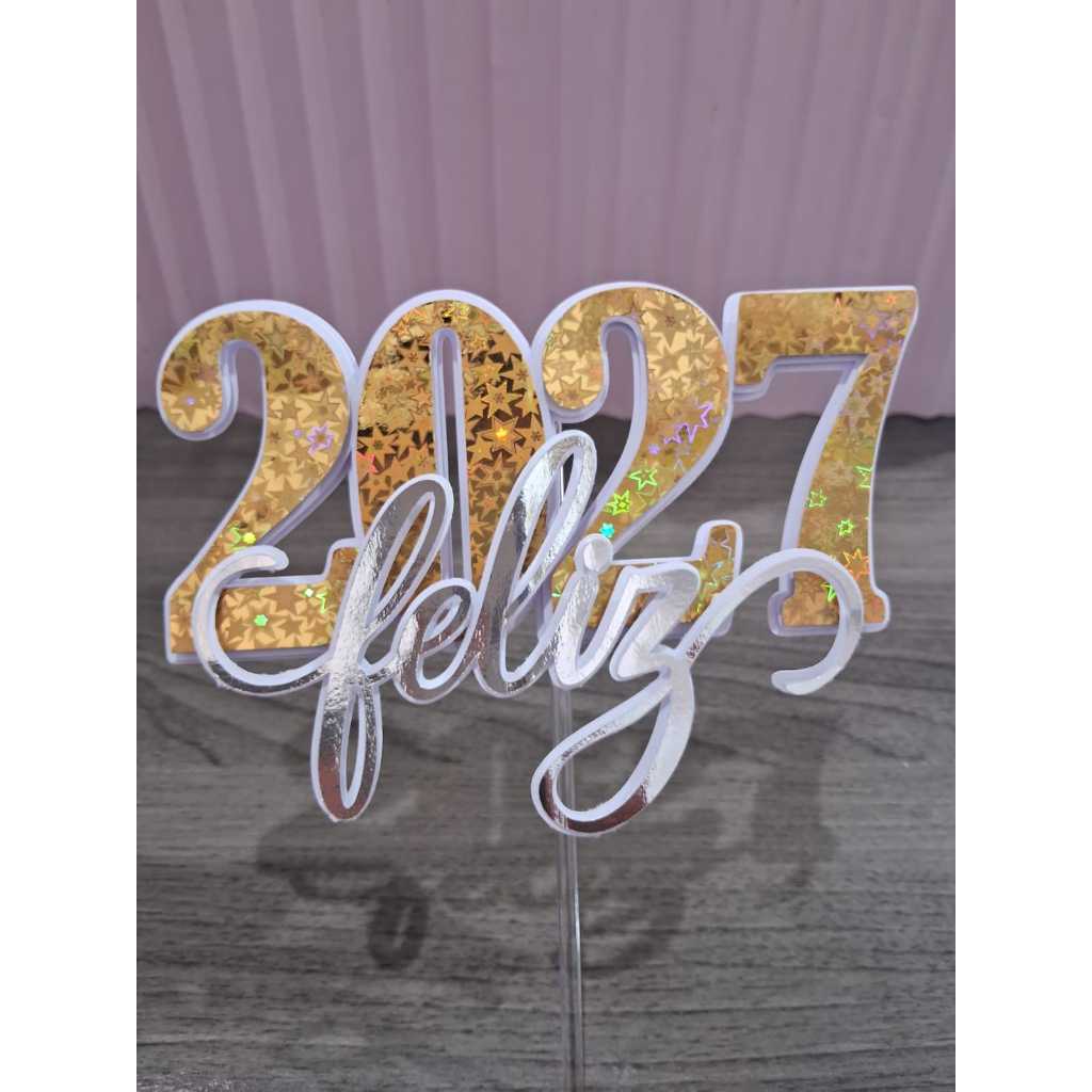 Topo de Bolo “Feliz 2027” - Cake Topper Ano Novo dourado/prata - Decoração Réveillon Festa 2027 - Topo de bolo Réveillon