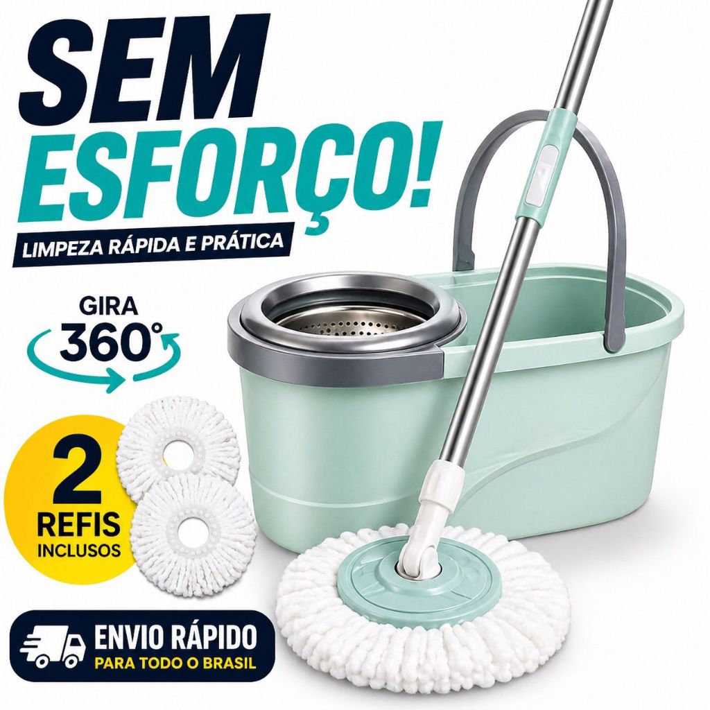 Mop Giratório Profissional 13L Inox com Rodinhas + 2 Esfregões  + Cabo Reforçado
