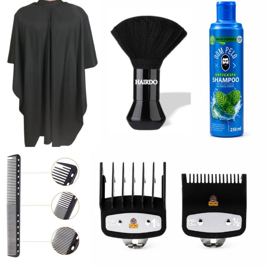 Kit completo barbeiro cabelereiro corte capa cetim espanador pente shampoo pente 1,5 0,5 Barbearia
