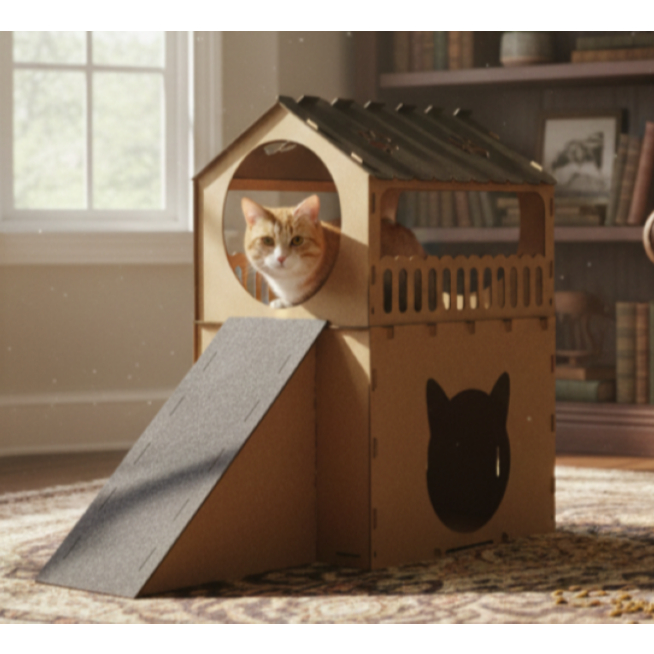 Casinha de Gato MDF CRU 2 Andares com Rampa Arranhador Telhado Cor Preta Gato Madeira Grande Dormir