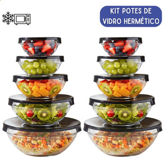 Kit Potes de Vidro Hermético com Tampa Tigela Redonda Borossilicato Freezer Micro-ondas M…