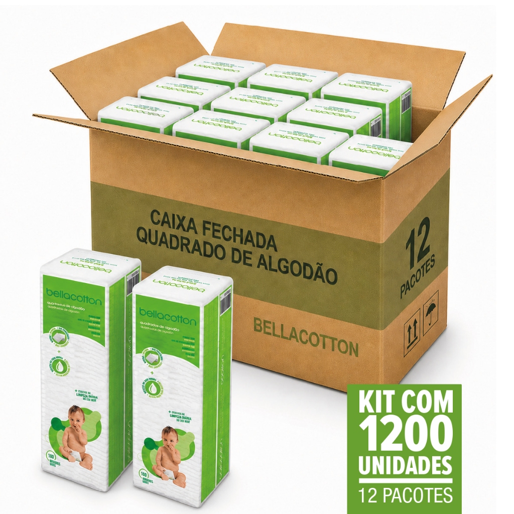 Algodão Bebê Bellacotton Quadrado 1200 Und Hipoalergênico Sem Fragrância Recém Nascido | 12 pacotes