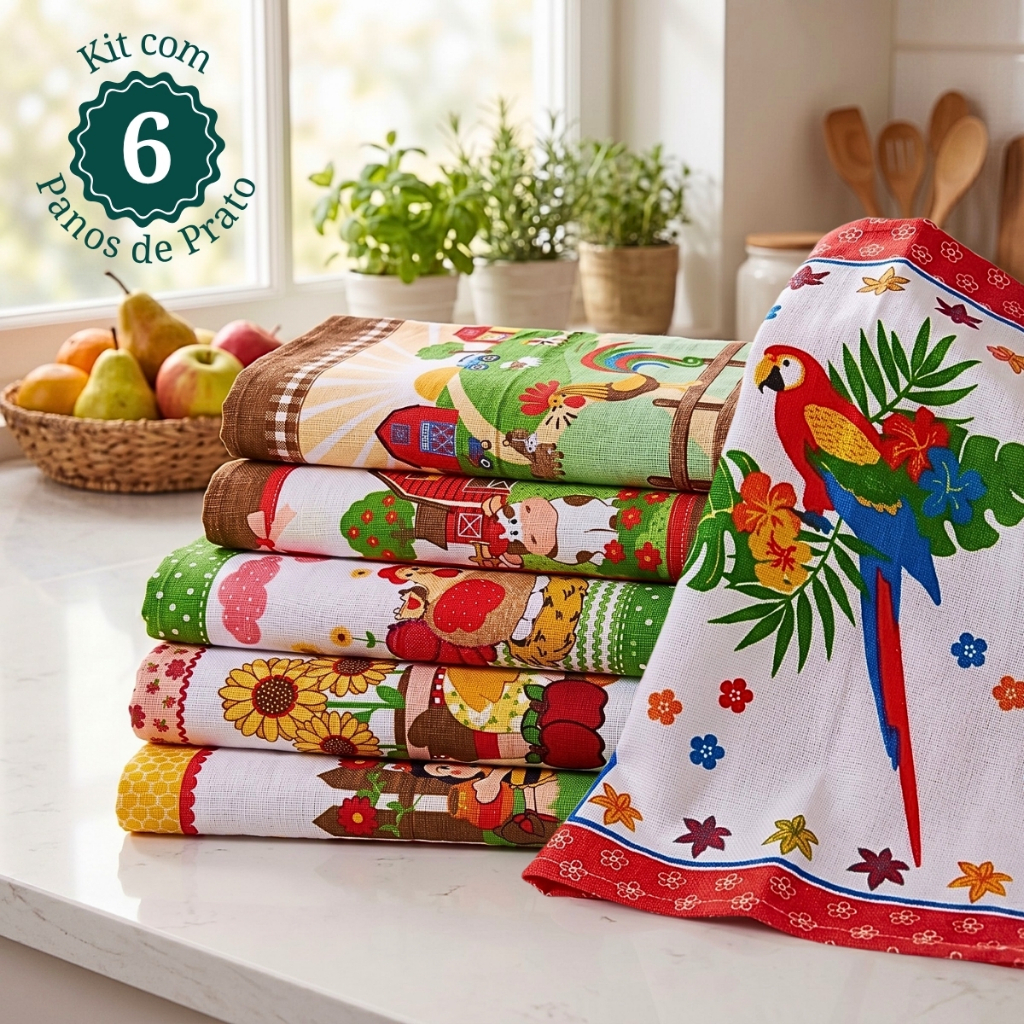 Kit 6 Pano de Prato Atoalhado 100% Algodão Felpudo Estampado Pano de Copa Colorido Premium Cozzilar
