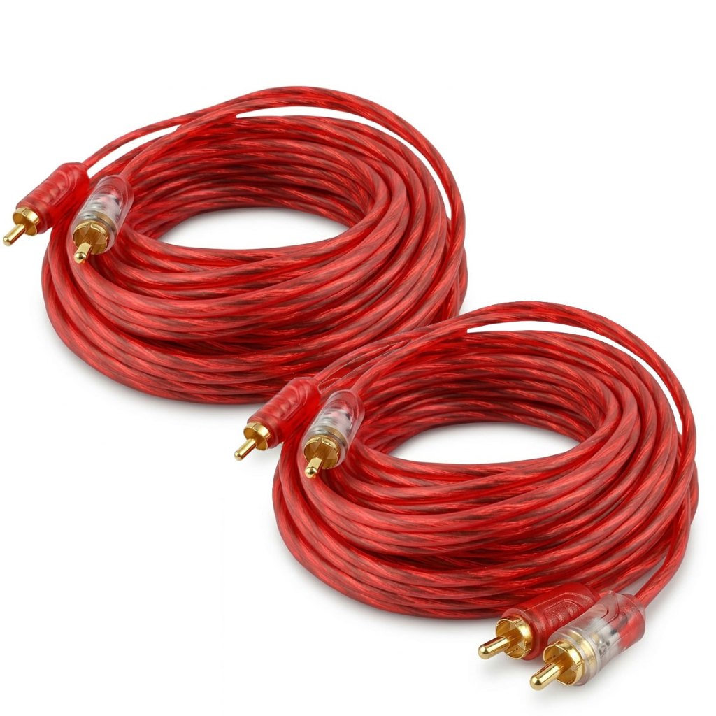 Kit 02 Cabo RCA 5 Metros Dupla Blindagem 5mm Injetado Vermelho Som Automotivo Alta Qualidade